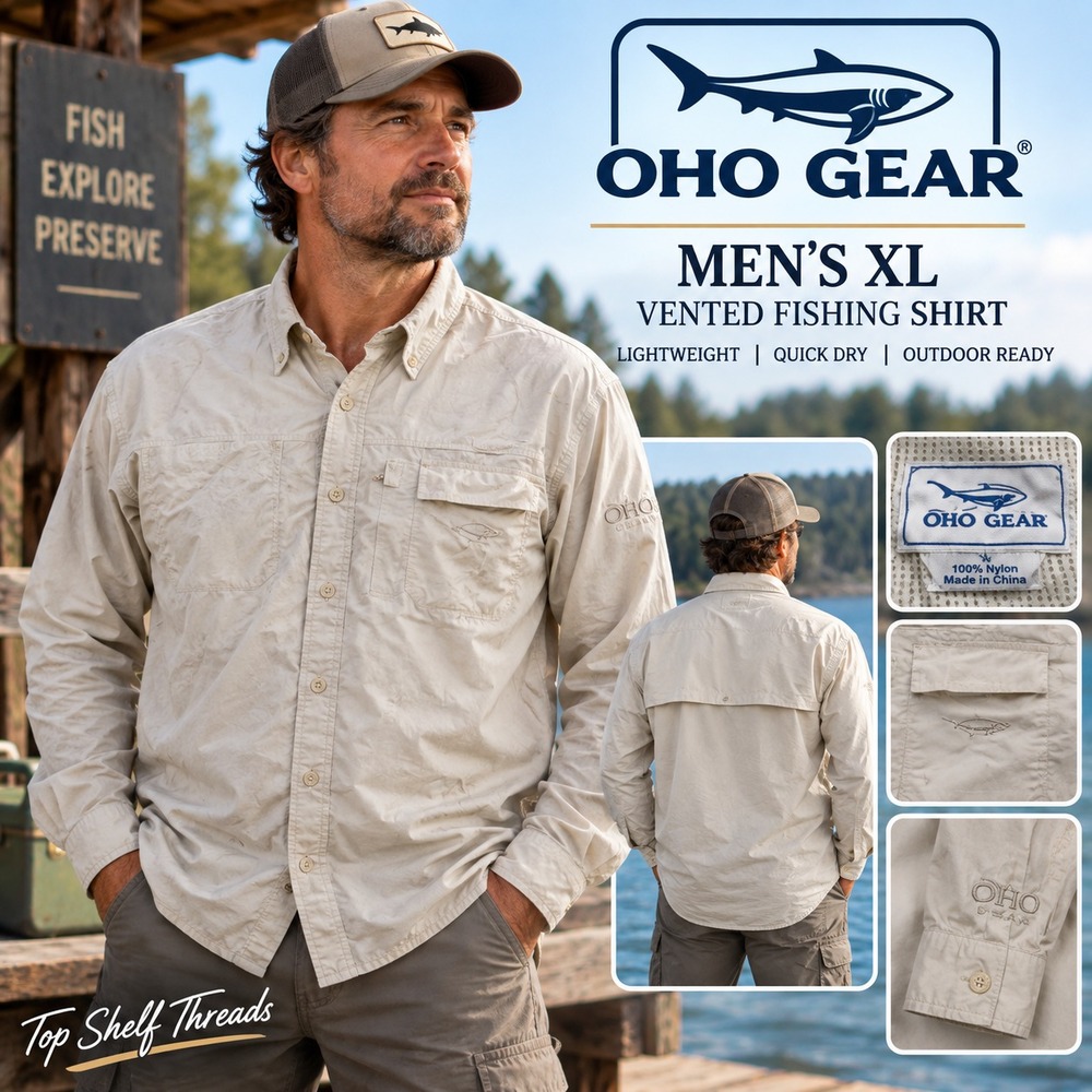 OHO Gear Old Harbor Outfitters Men XL Tan Nylon Vented Long Sleeve Fishing Shirt